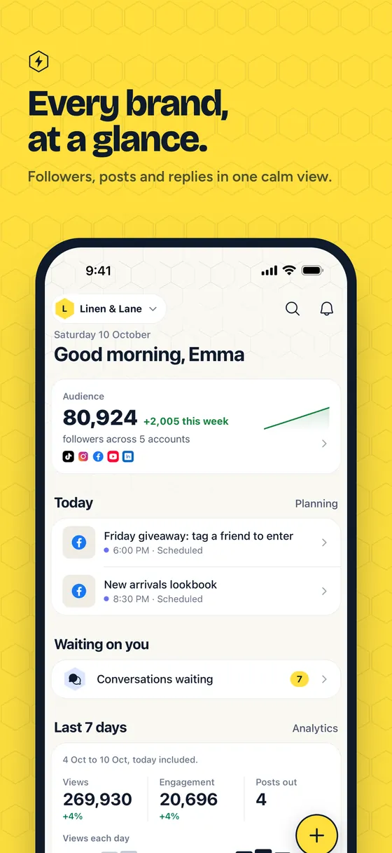 The Hivenza app's Overview: followers, today's posts, conversations waiting and the last 7 days for a brand, in one calm view.