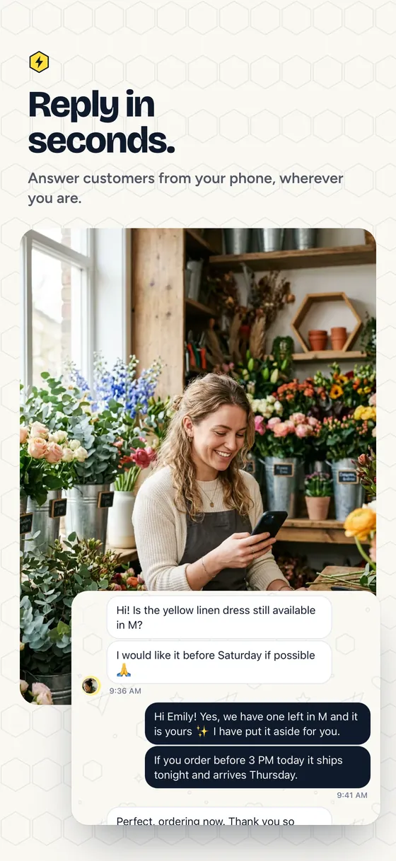 The Hivenza app: a customer asks about a linen dress in a chat and the team answers in seconds, from a phone.