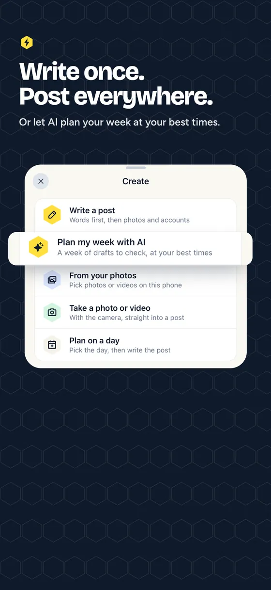 The Hivenza app's Create menu: write a post, or let AI plan your week at your best times.