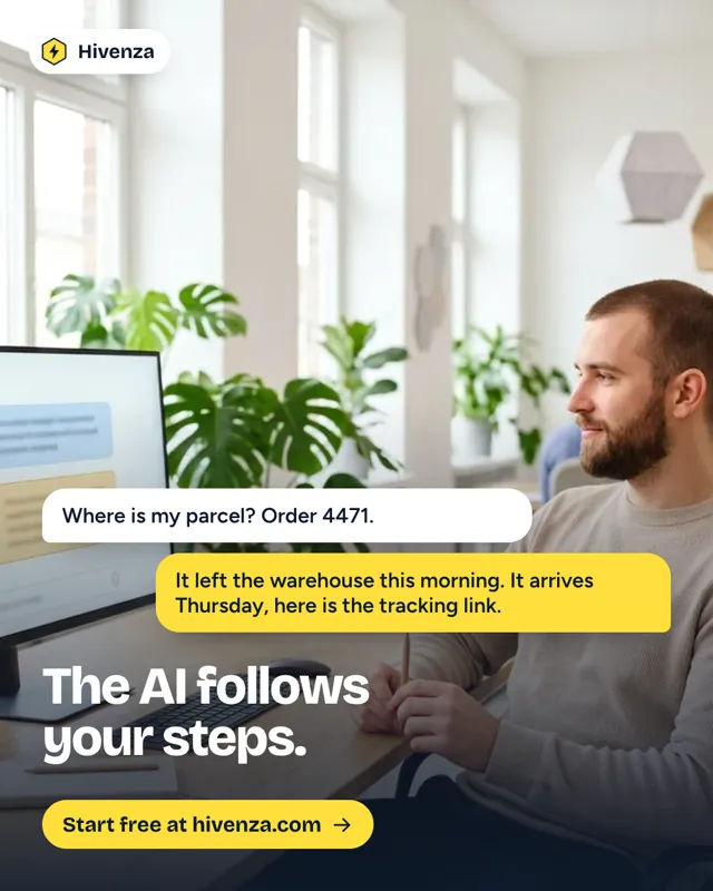 Hivenza poster: a man reading his phone, a customer asks where their parcel is and the AI agent replies with the tracking link