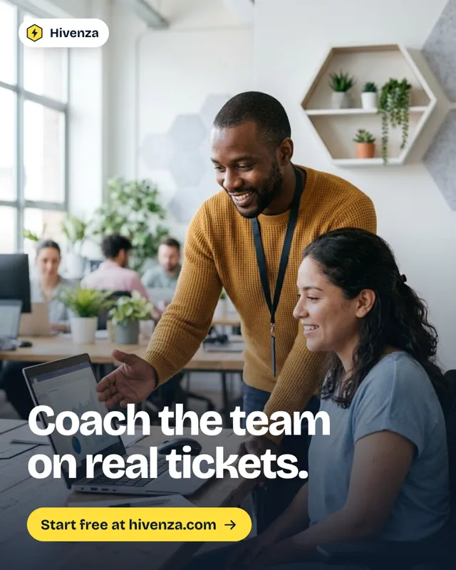 Hivenza poster: a team lead leaning over a colleague’s desk to go through a ticket together