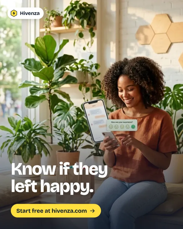 Hivenza poster: a smiling woman rating a support conversation on her phone among plants