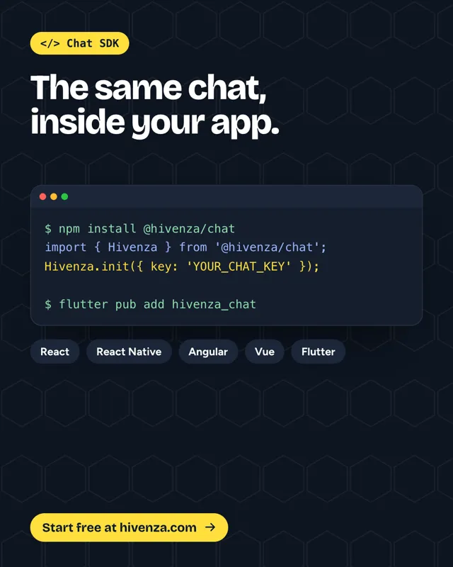 Hivenza developer poster: code that installs @hivenza/chat, with React, React Native, Angular, Vue and Flutter