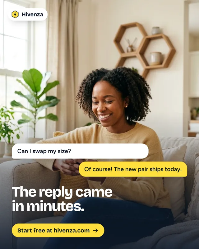 Hivenza poster: a woman on a sofa smiling at her phone, her question about swapping a size already answered