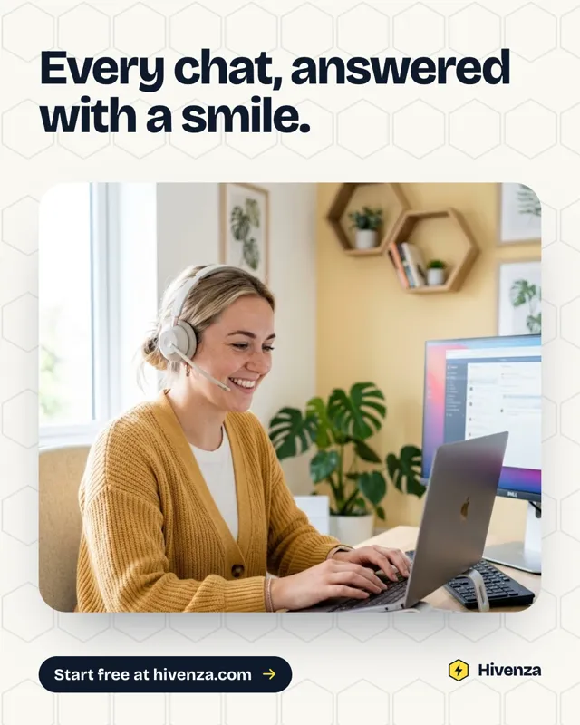 Hivenza poster: a smiling support agent with a headset answering a website chat