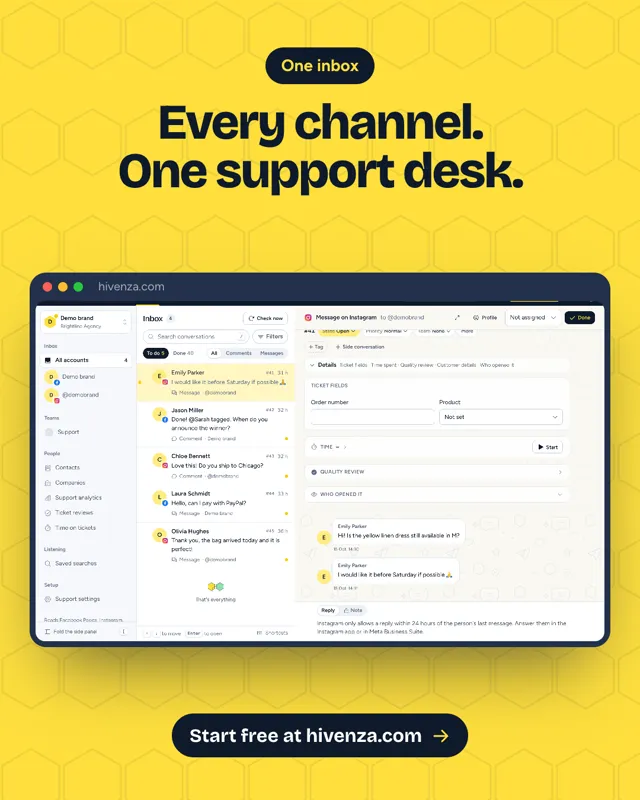 Hivenza poster on honey yellow: the shared support inbox with conversations from every channel