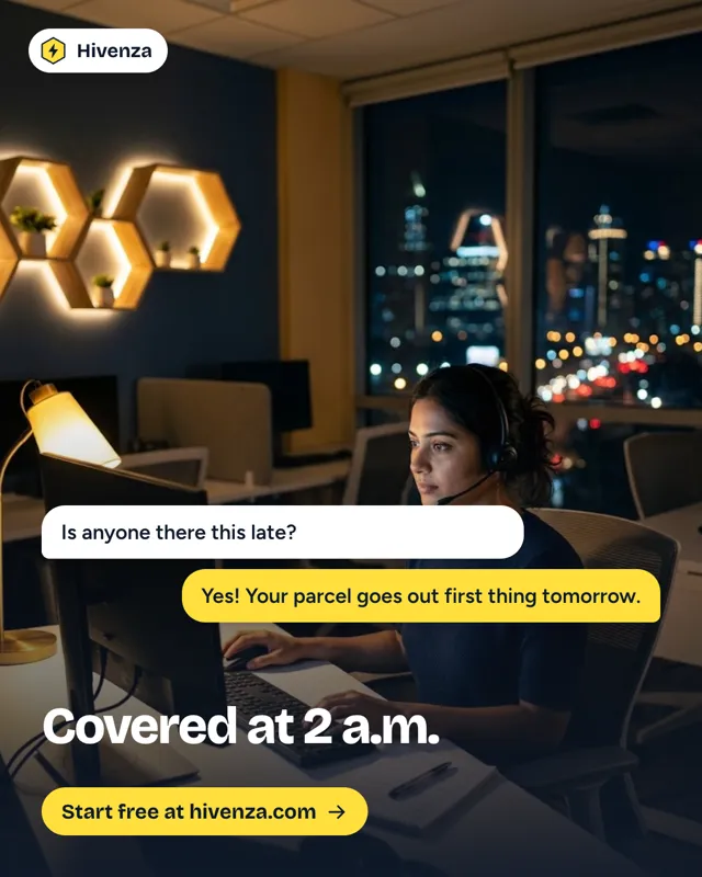 Hivenza poster: a support agent at night in an office with city lights, answering a late chat