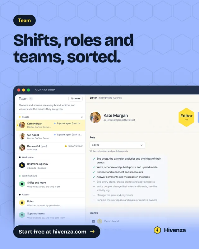 Hivenza poster on lilac: the team screen with people, their roles and permissions