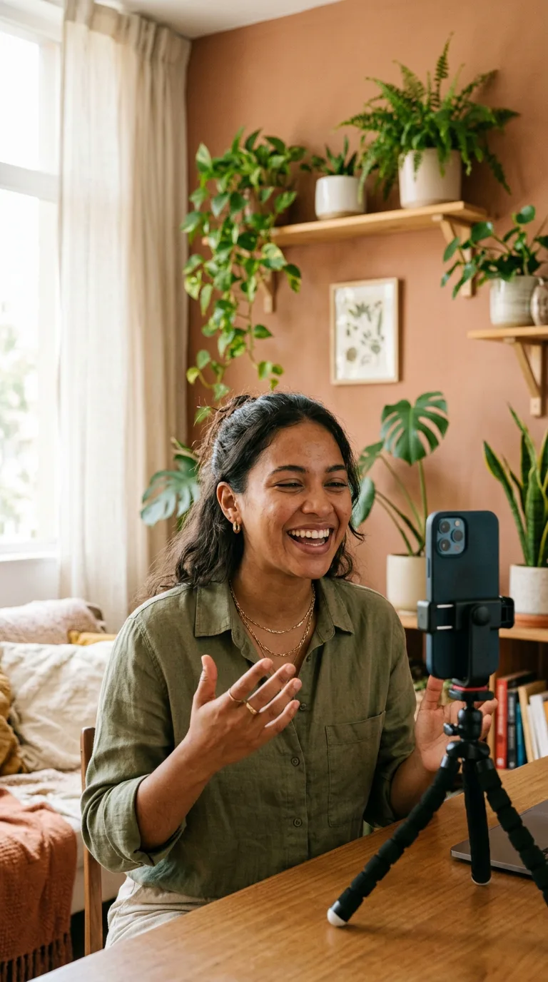 Une créatrice filme une vidéo verticale pour les Reels Instagram dans un studio lumineux, téléphone sur un petit trépied