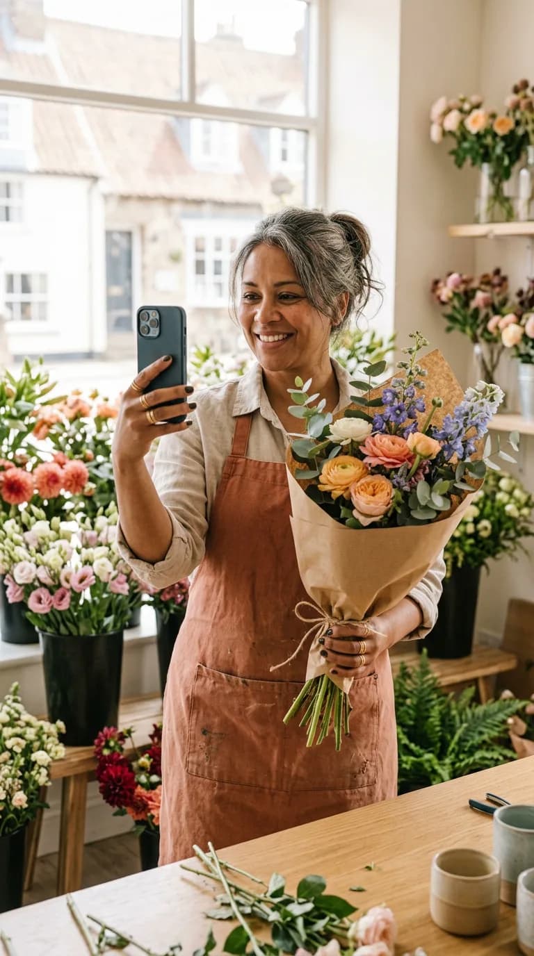 Une commerçante lève son téléphone pour filmer une story Instagram du jour dans sa boutique
