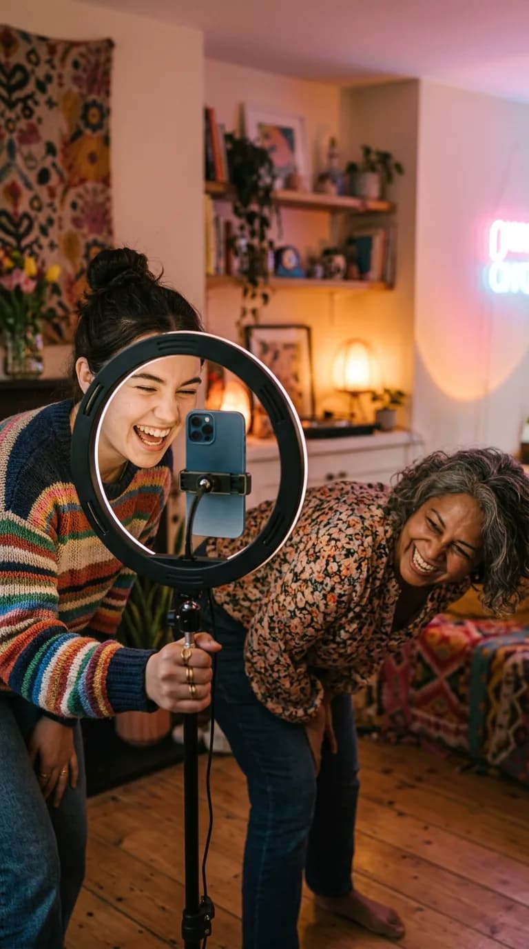 Two friends recording a TikTok video with a phone on a ring light, laughing