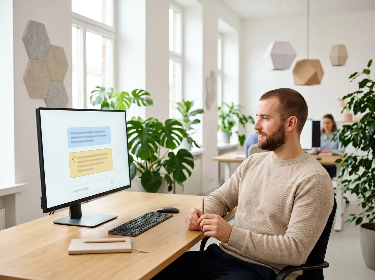 A support agent reading an AI-suggested answer in a honey-coloured box before sending it