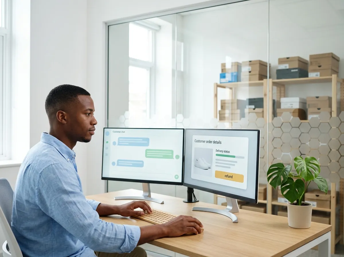 A support agent with the chat on one screen and the customer’s order on the other