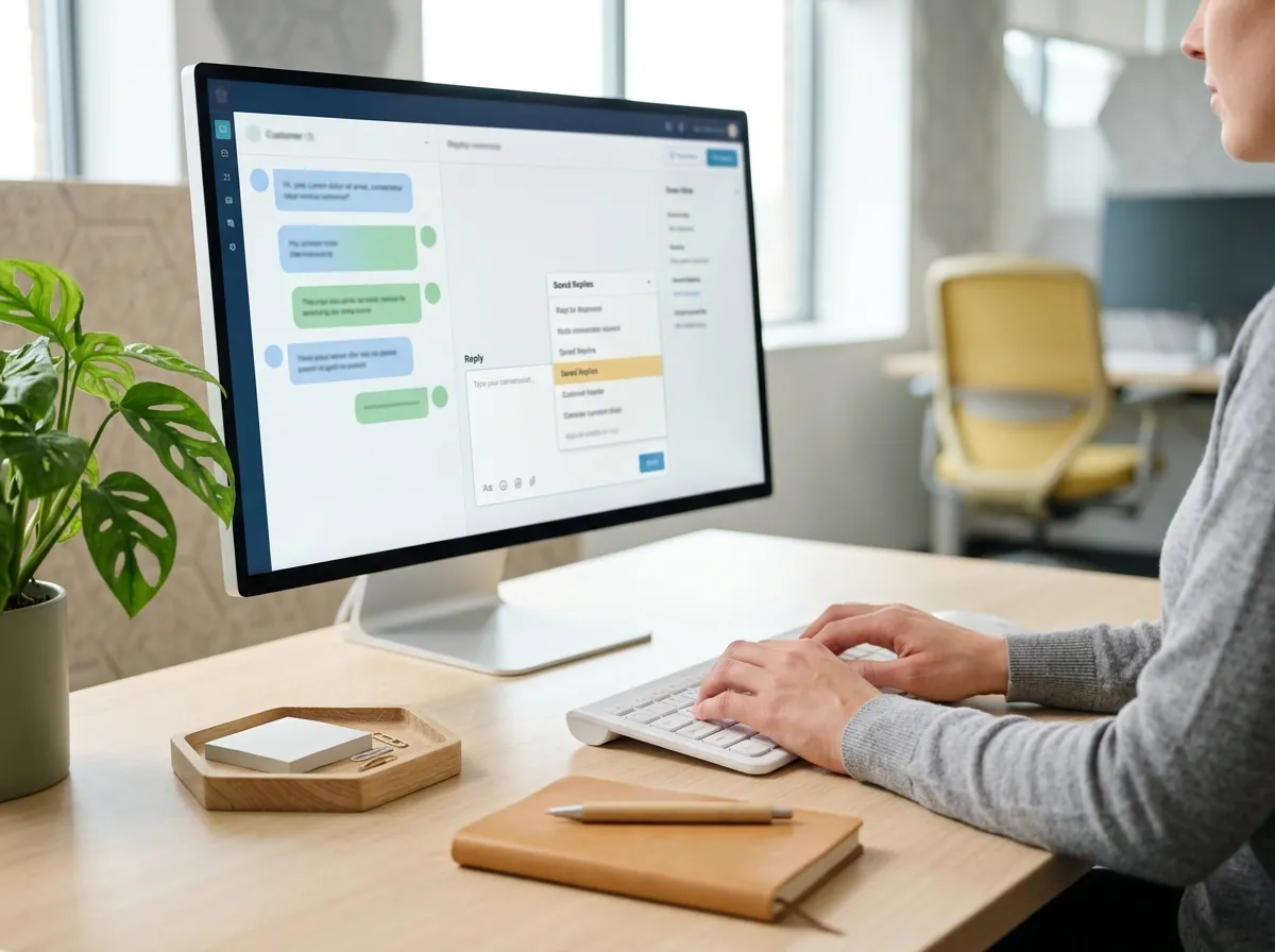 Hands on a keyboard, the saved replies list open in the Hivenza reply box