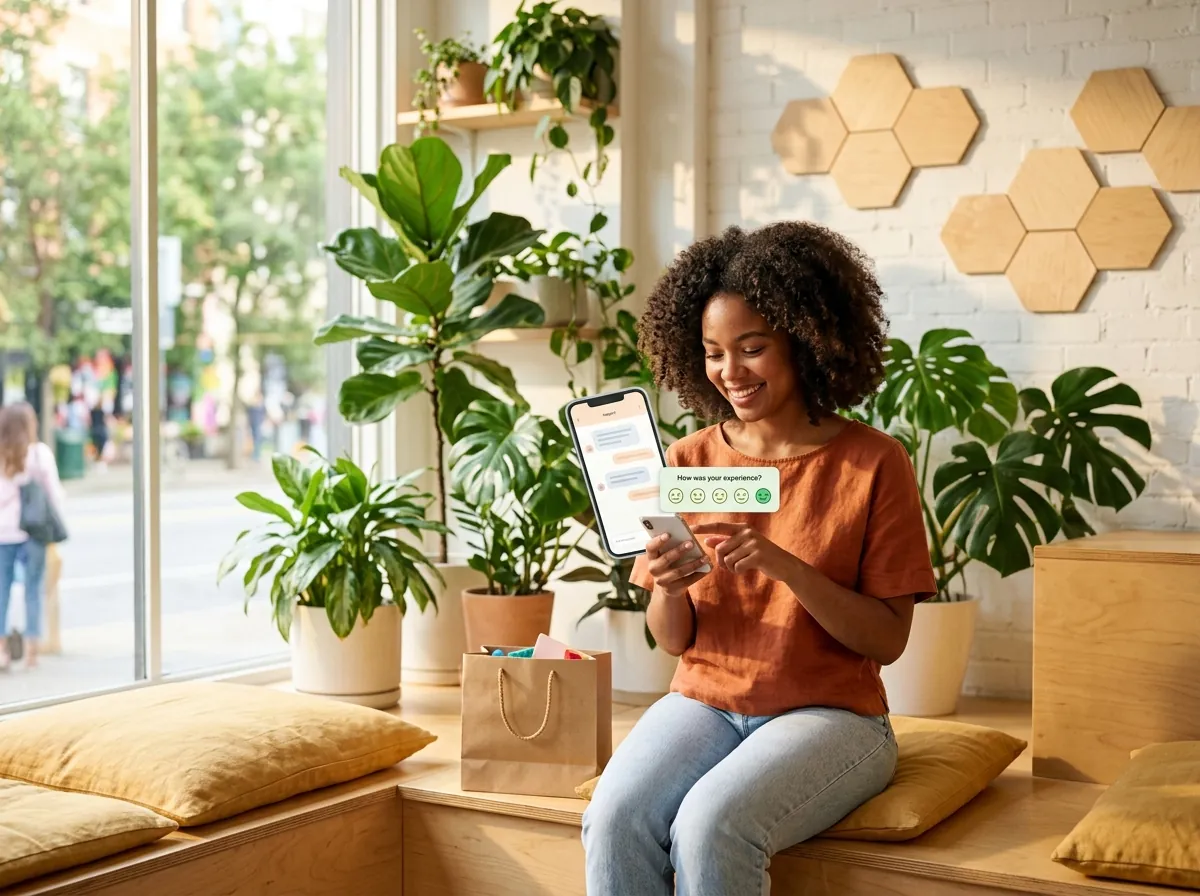 A customer rating a support chat on her phone
