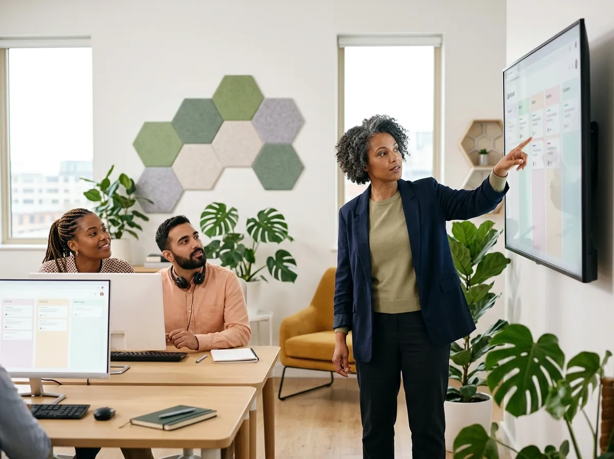 A team lead pointing at a wall screen of ticket columns by team