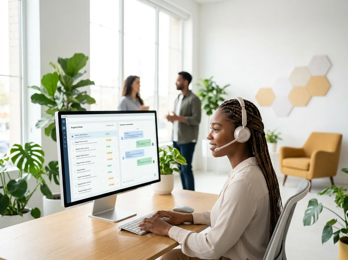 A support agent with a headset working through the ticket list