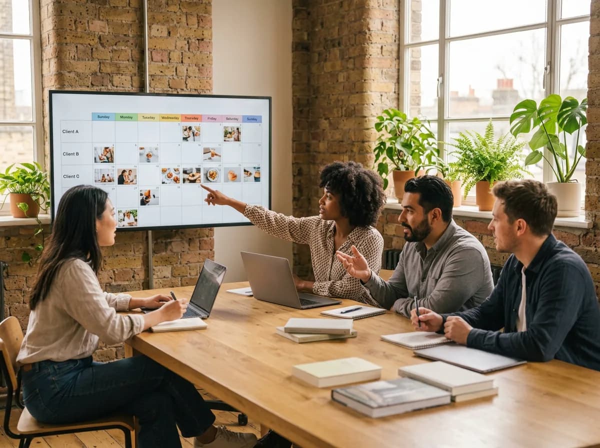 An agency team planning several clients’ social media weeks at a long table