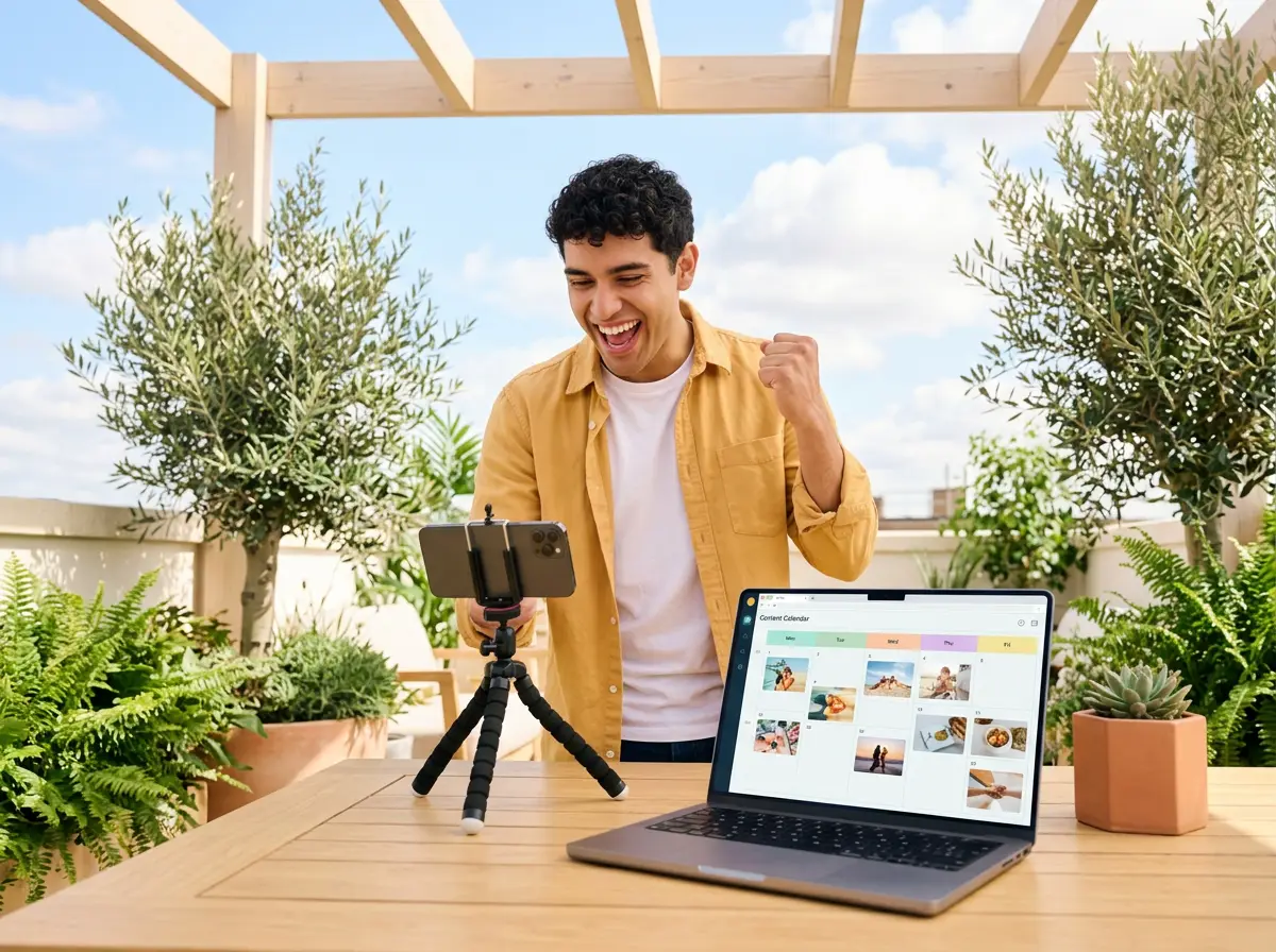 A creator on a rooftop terrace cheering at his phone on a tripod, his content calendar open on the laptop