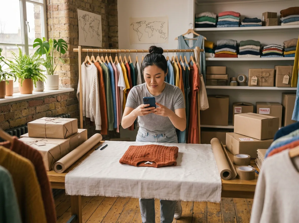 An online shop’s product shoot, packed orders in the background