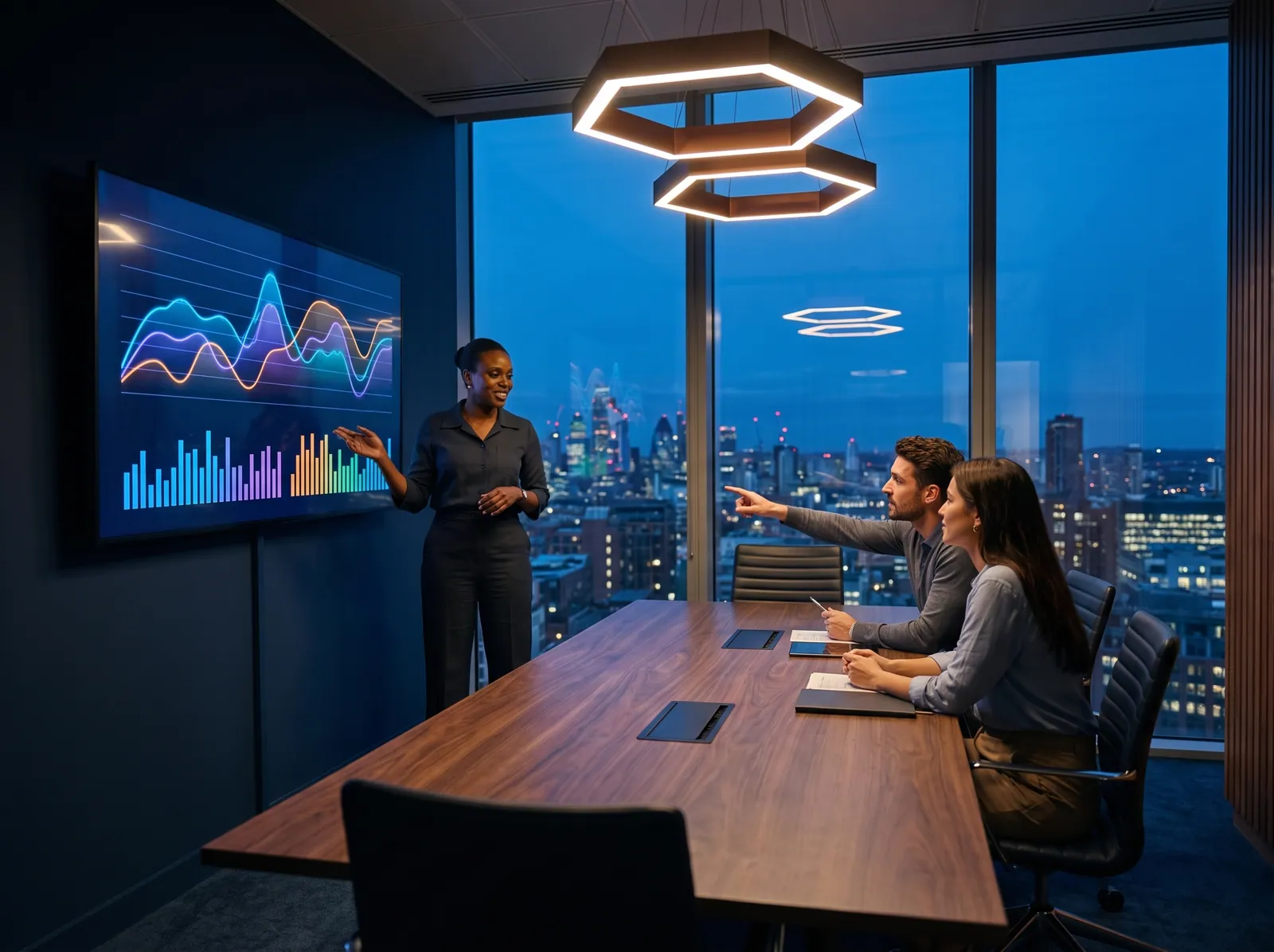 A strategist presenting engagement charts to two colleagues at dusk