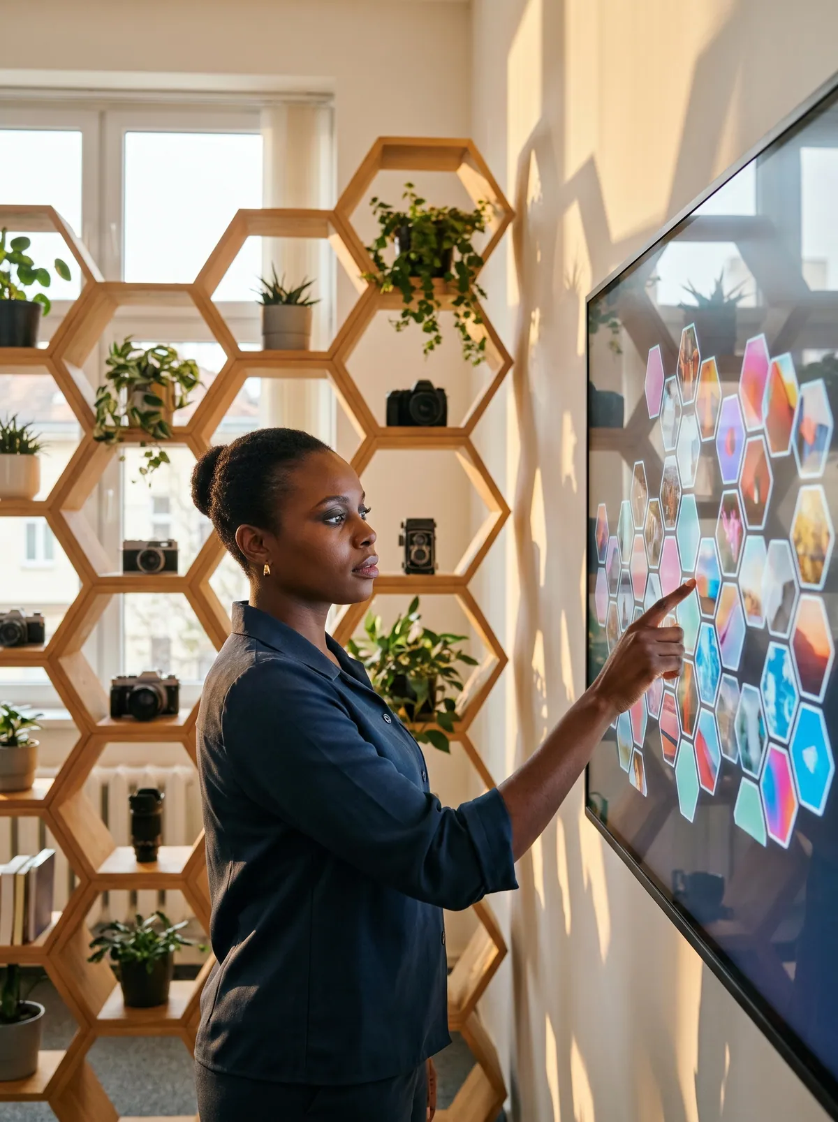 A social media manager arranging posts on a wall of glowing hexagon tiles