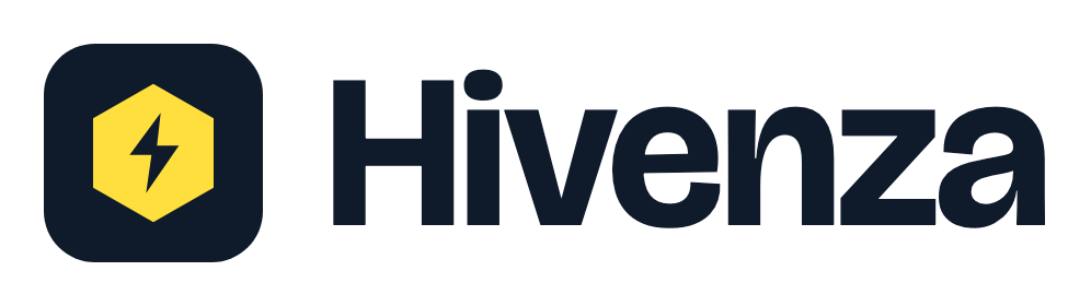 The Hivenza logo: the honey hexagon with its bolt on an ink tile, and the name in ink
